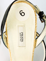 Prada 2000s Tan Raffia and Black Patent Cap Toe Slingback Heels - EU 36