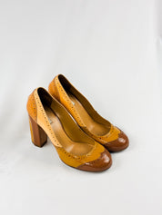Miu Miu 2000s Tan Patent Brogue Block Heel Pumps - EU 38