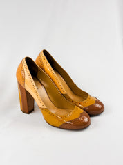 Miu Miu 2000s Tan Patent Brogue Block Heel Pumps - EU 38