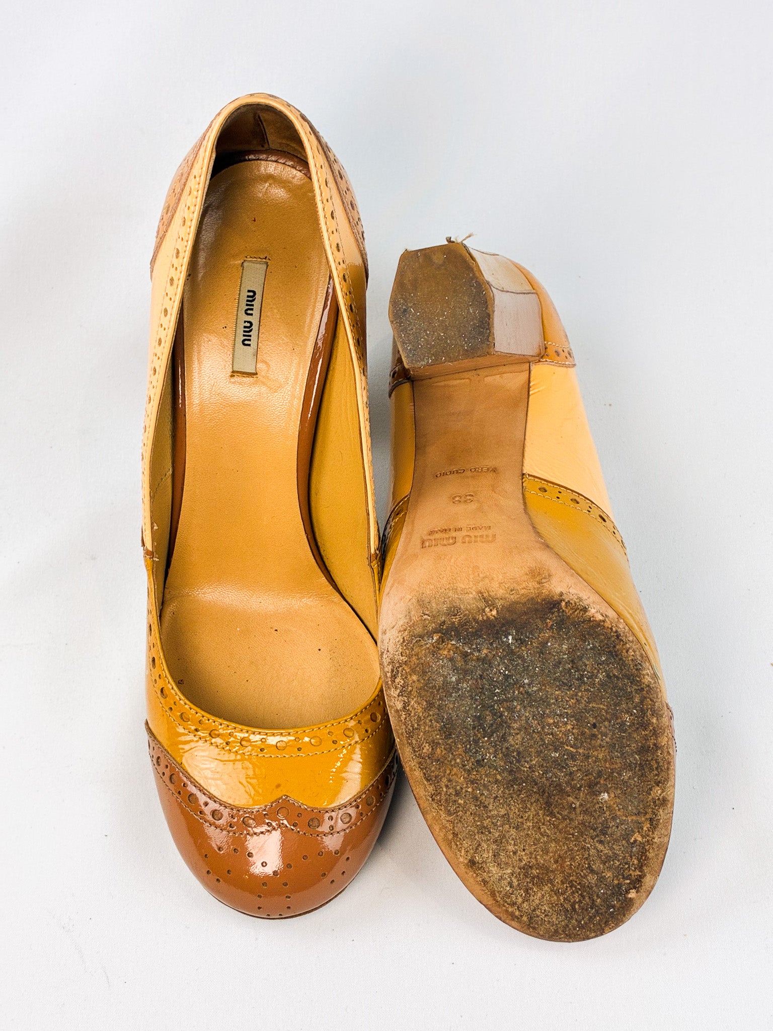Miu Miu 2000s Tan Patent Brogue Block Heel Pumps - EU 38