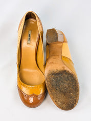 Miu Miu 2000s Tan Patent Brogue Block Heel Pumps - EU 38