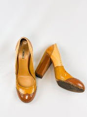 Miu Miu 2000s Tan Patent Brogue Block Heel Pumps - EU 38