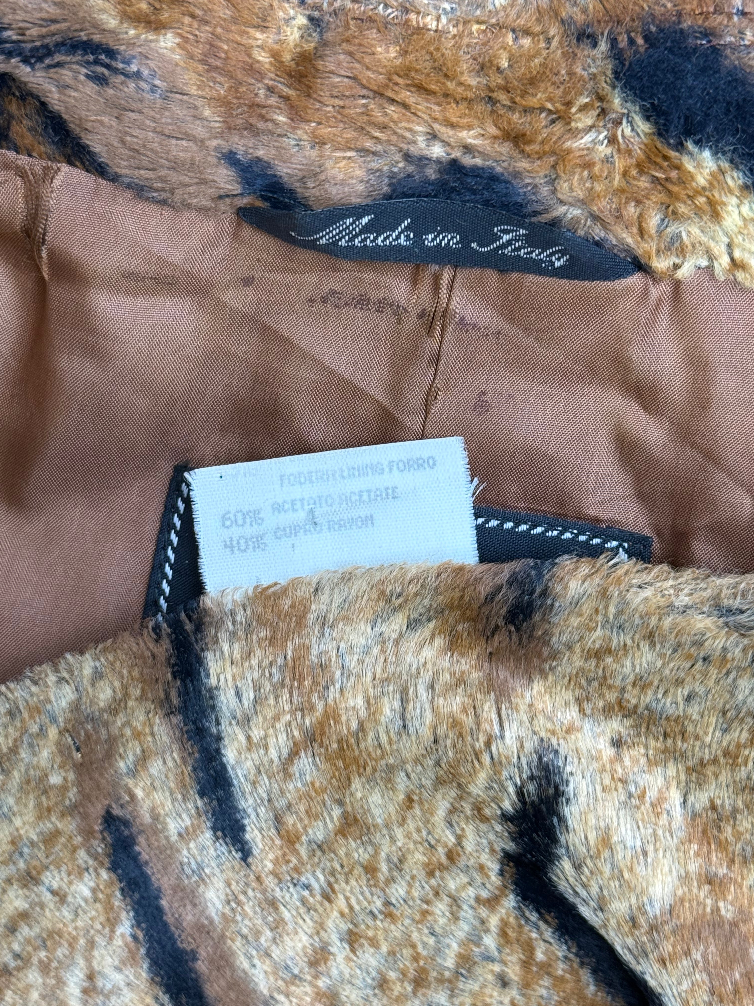 Les Copains 1990s Tiger Print Faux Fur Double Breasted Cropped Jacket - S - As Is
