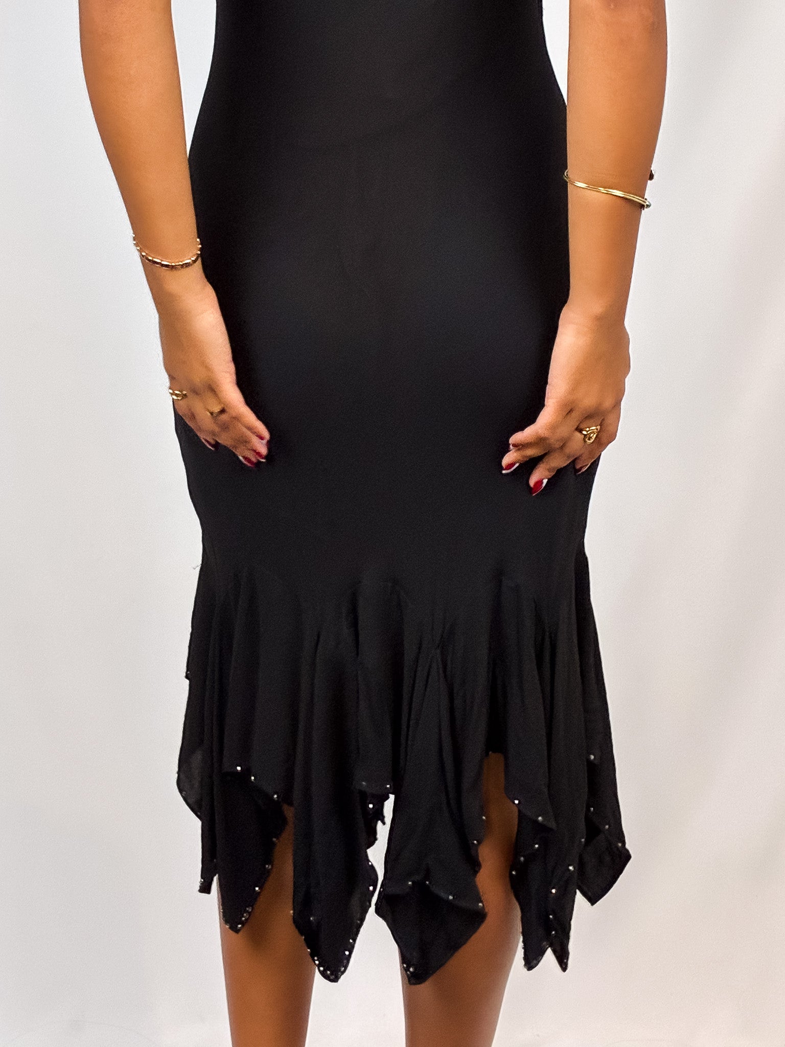 Gai Mattiolo 2000s Black Silk Rhinestone Handkerchief-Hem Slip Dress - S