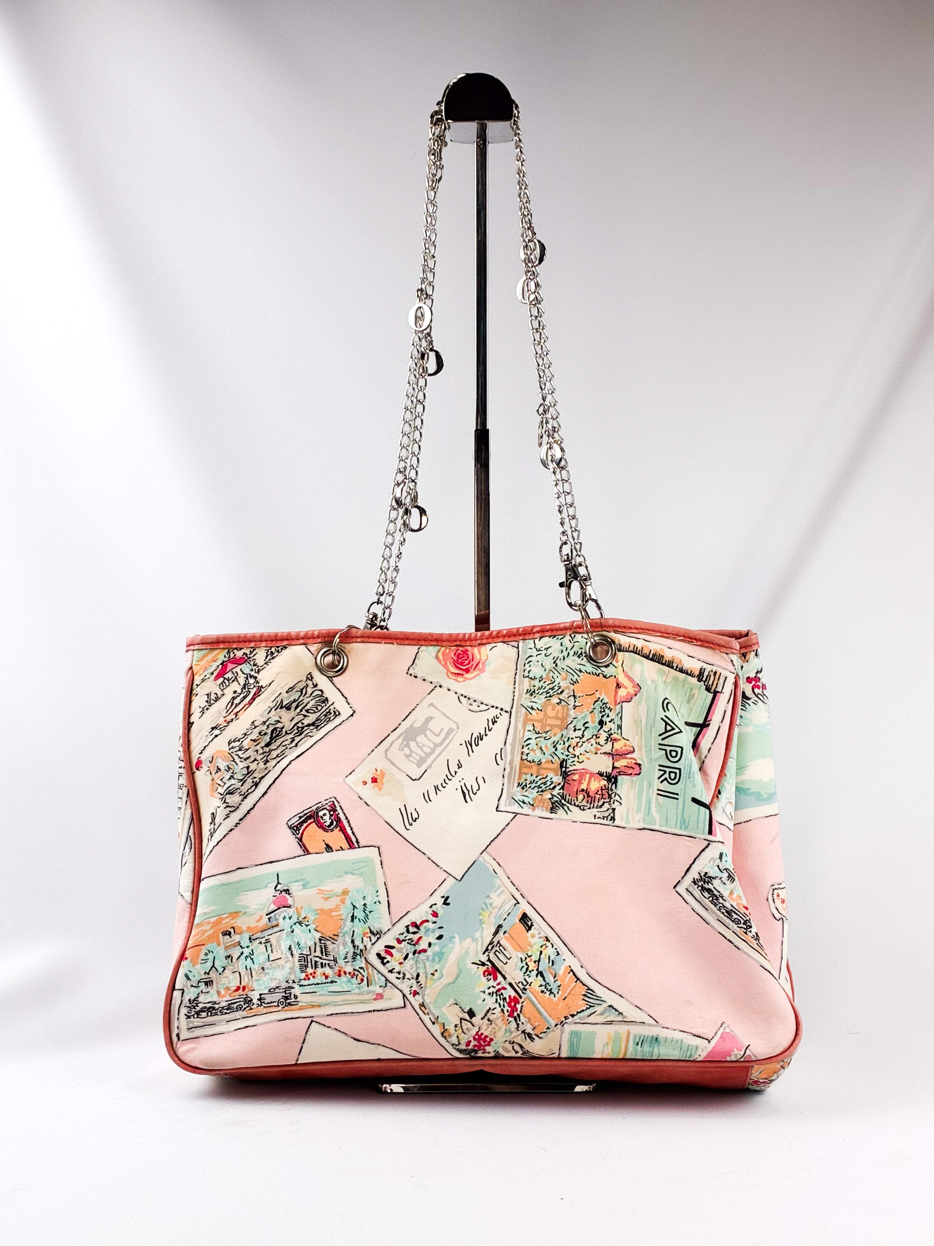 Blugirl Blumarine 2005 Pink Postcard Print Chain Tote