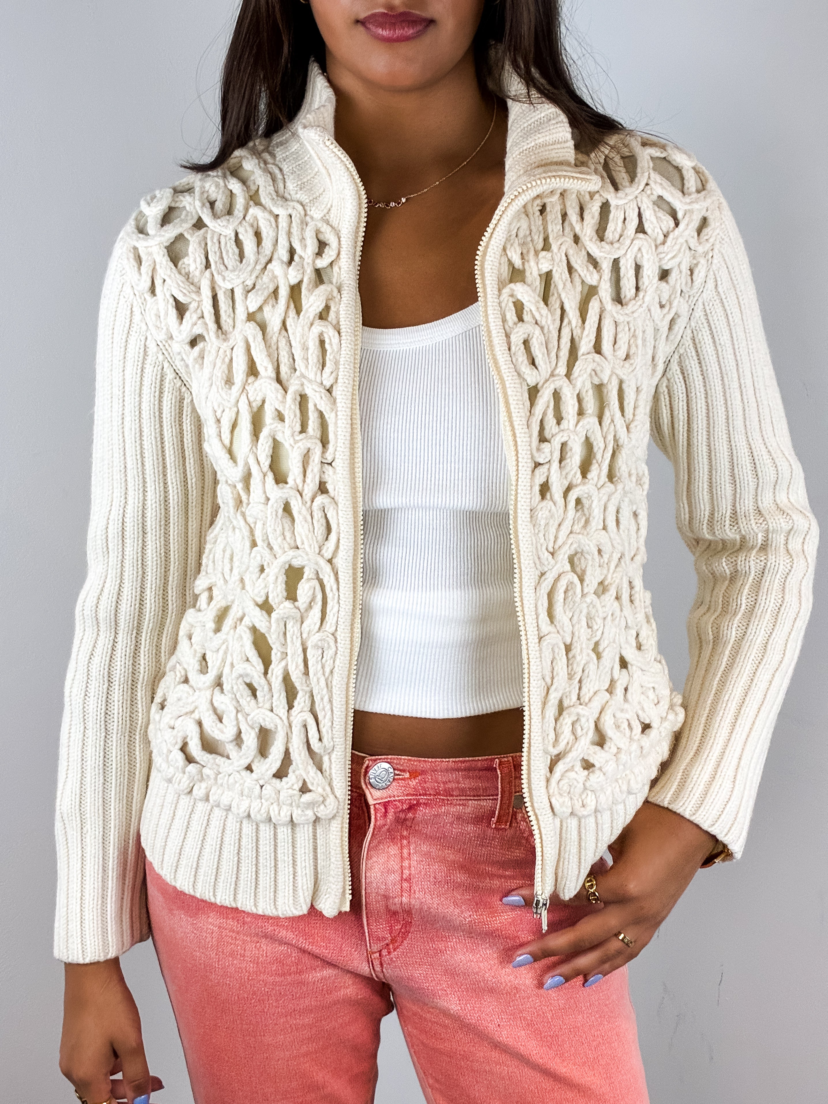Fuego 2000s Cream Cord Appliqué Knit Zip Cardigan - S/M