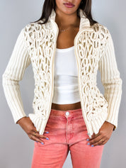 Fuego 2000s Cream Cord Appliqué Knit Zip Cardigan - S/M