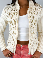 Fuego 2000s Cream Cord Appliqué Knit Zip Cardigan - S/M