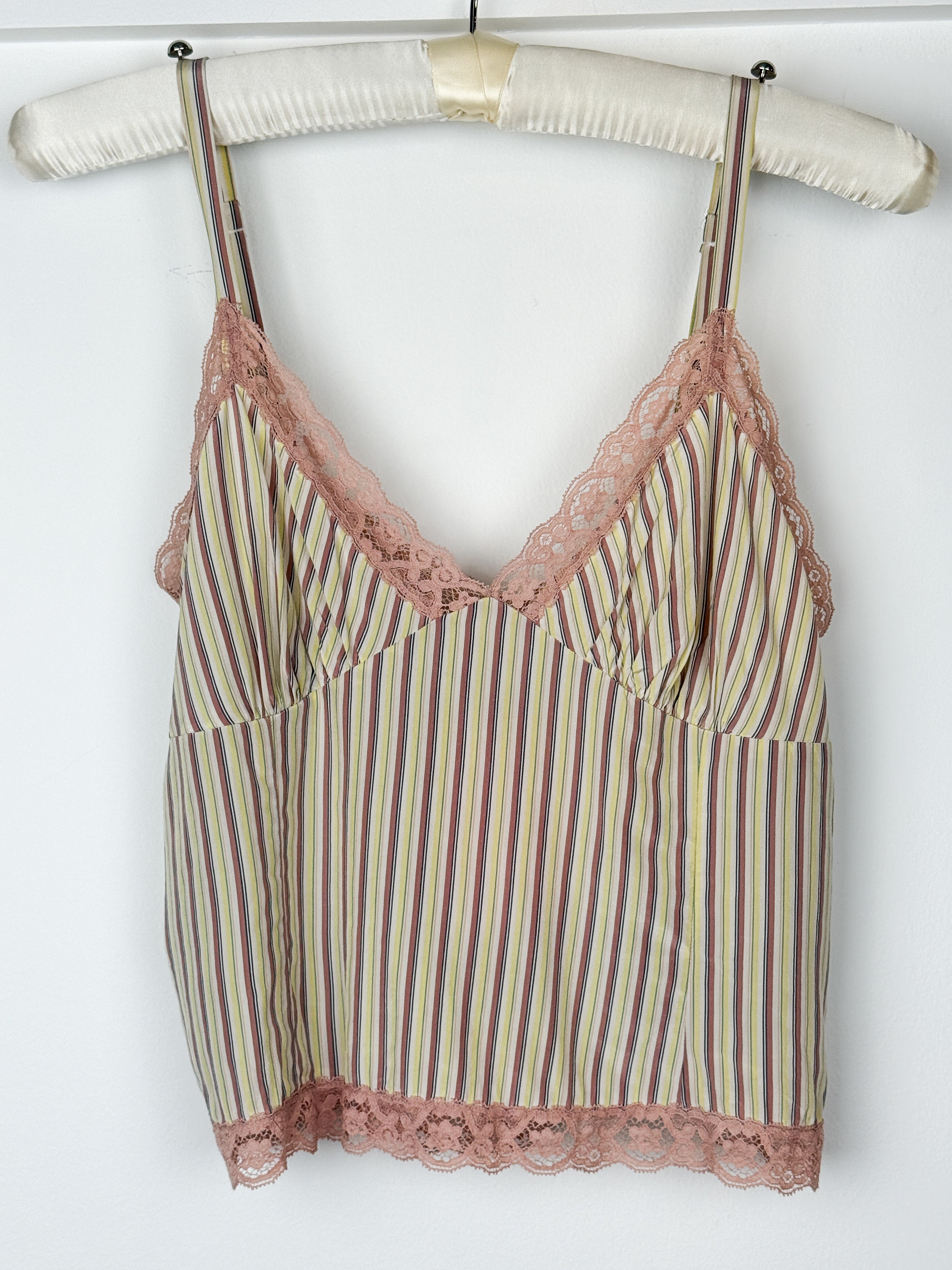 Blumarine Jeans 100% Silk Stripe Lace Trim Cami - M