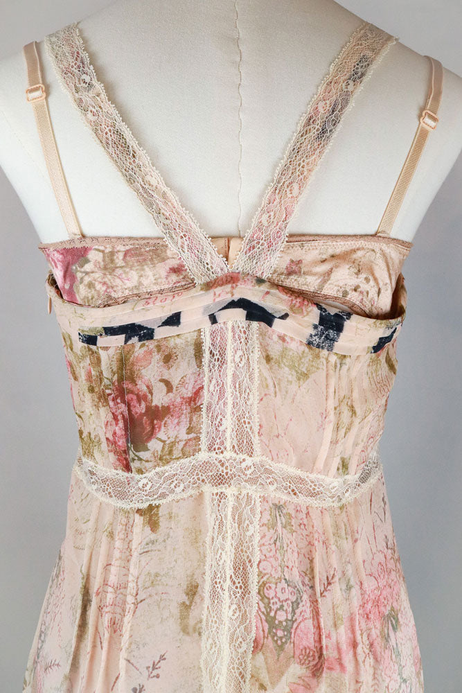 John Galliano Early 2000s Floral Lace Peasant Dress with Built-In Silk Bra – S