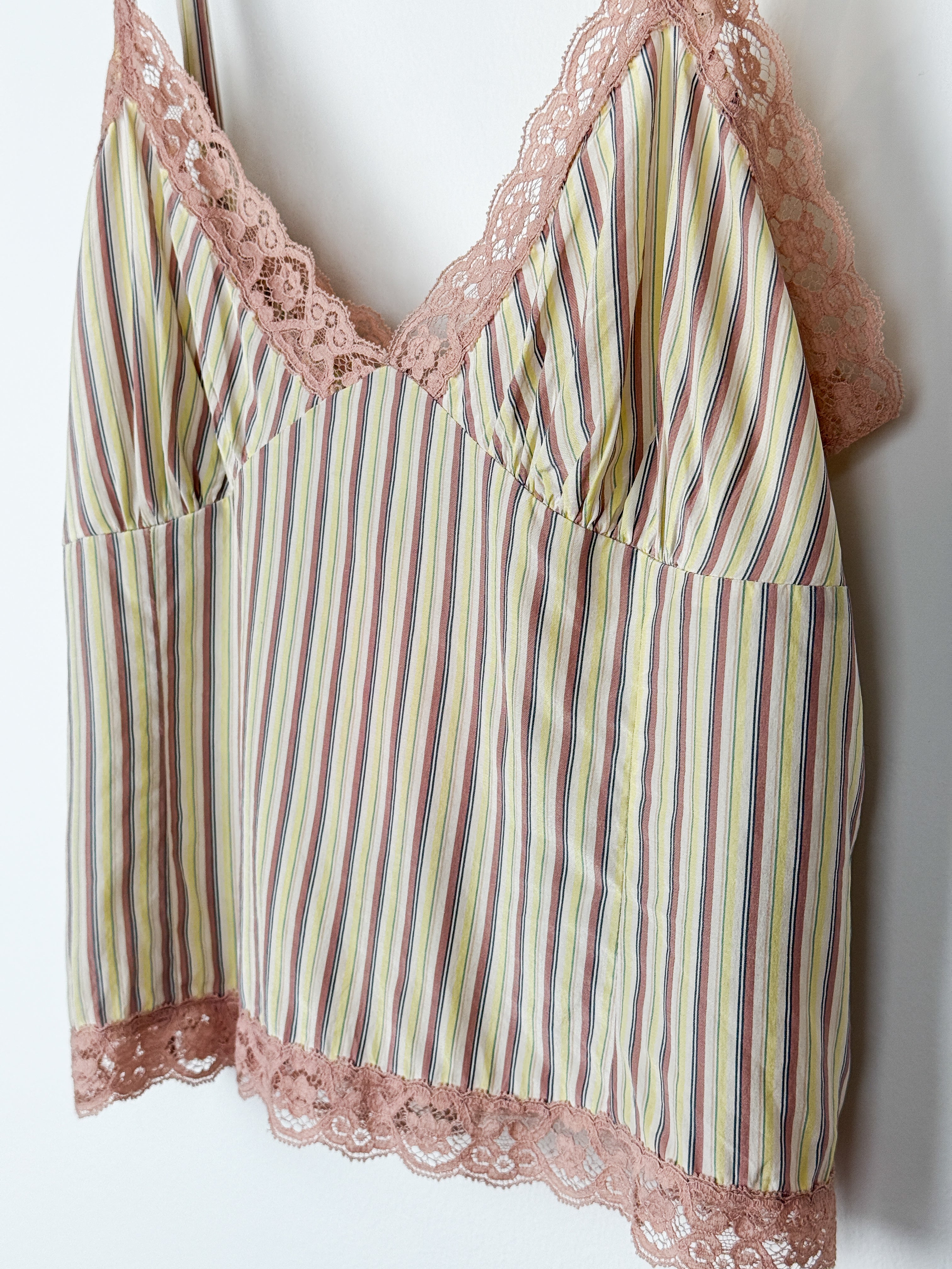 Blumarine Jeans 100% Silk Stripe Lace Trim Cami - M