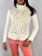 Fuego 2000s Cream Cord Appliqué Knit Zip Cardigan - S/M