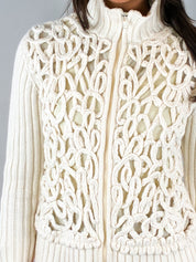 Fuego 2000s Cream Cord Appliqué Knit Zip Cardigan - S/M