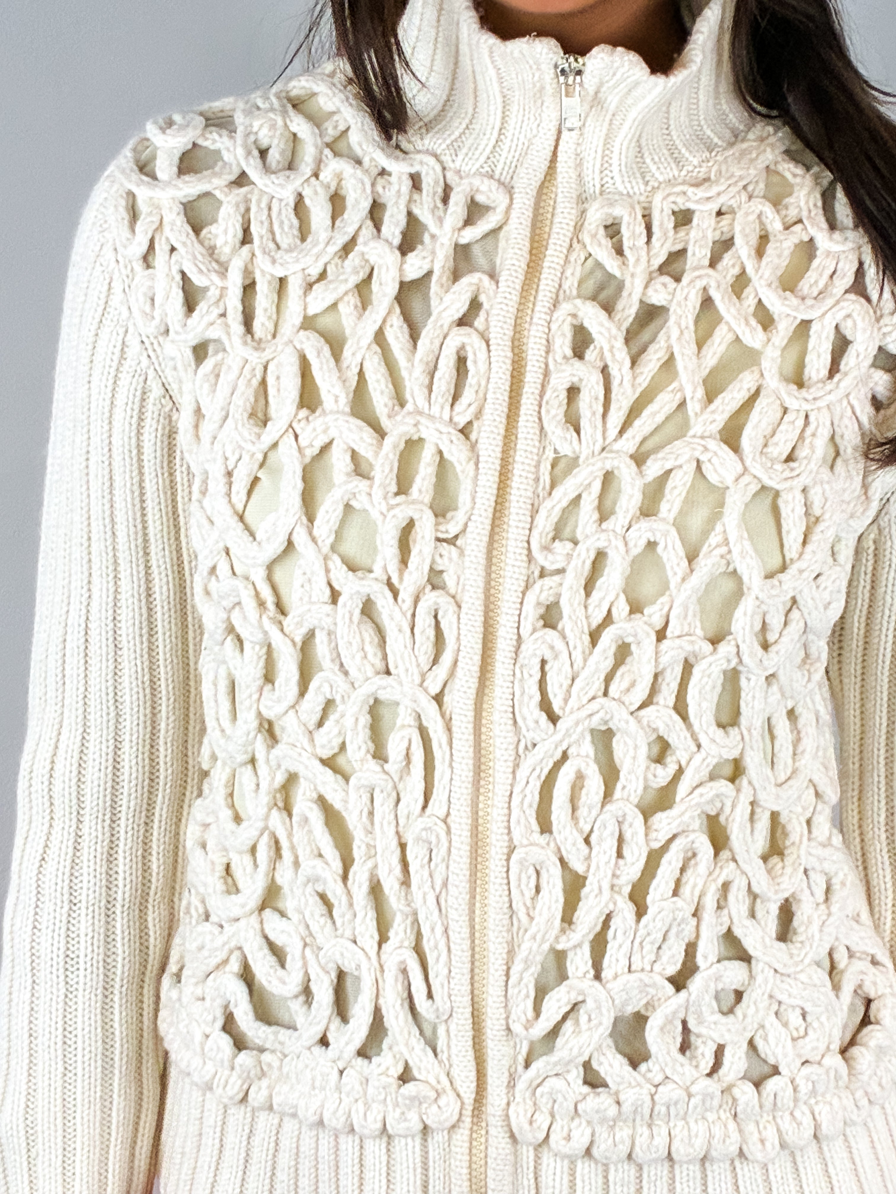 Fuego 2000s Cream Cord Appliqué Knit Zip Cardigan - S/M