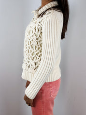 Fuego 2000s Cream Cord Appliqué Knit Zip Cardigan - S/M
