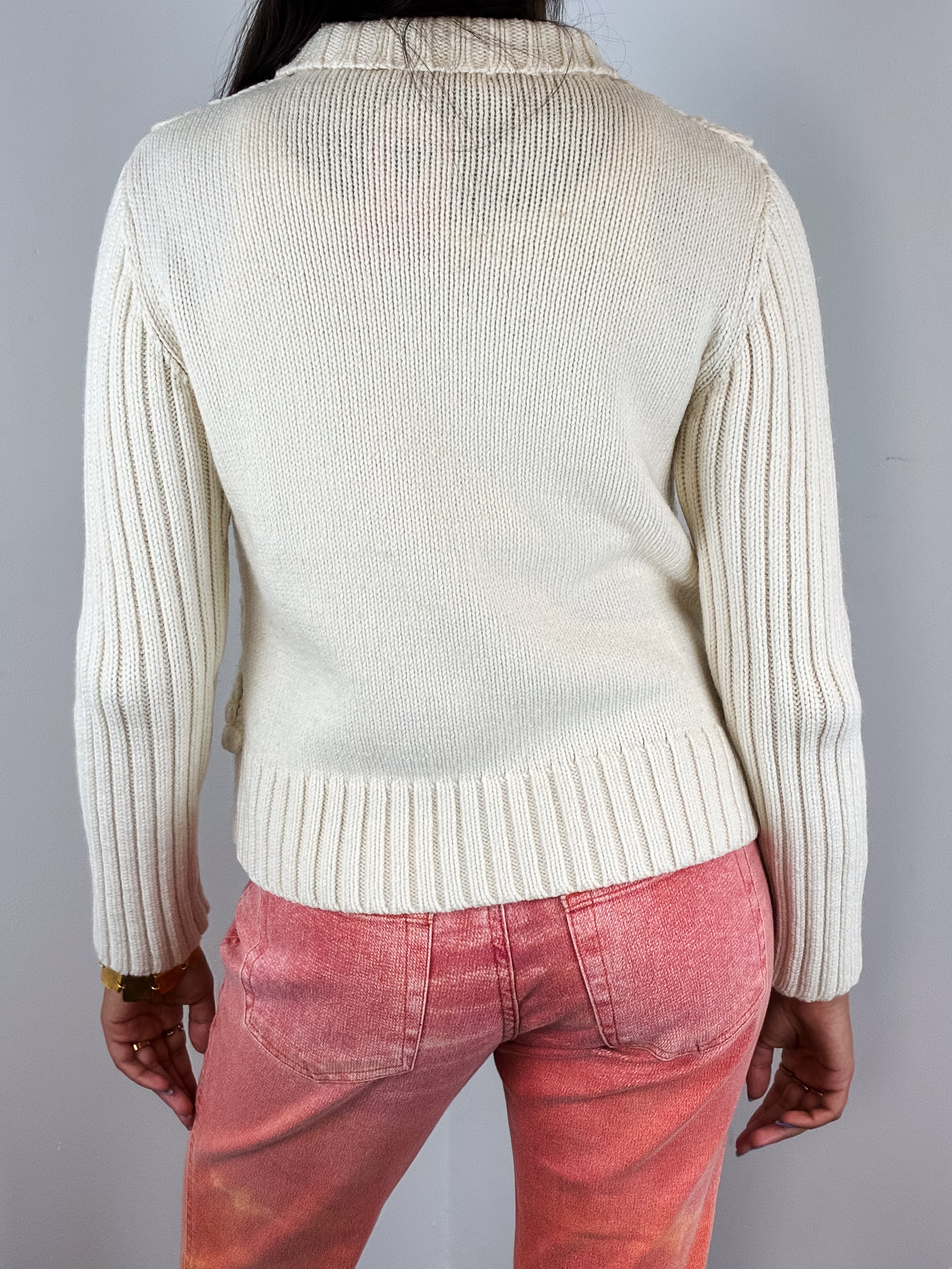 Fuego 2000s Cream Cord Appliqué Knit Zip Cardigan - S/M