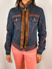 Roccobarocco 2000s Denim Fur Trim Jacket - S