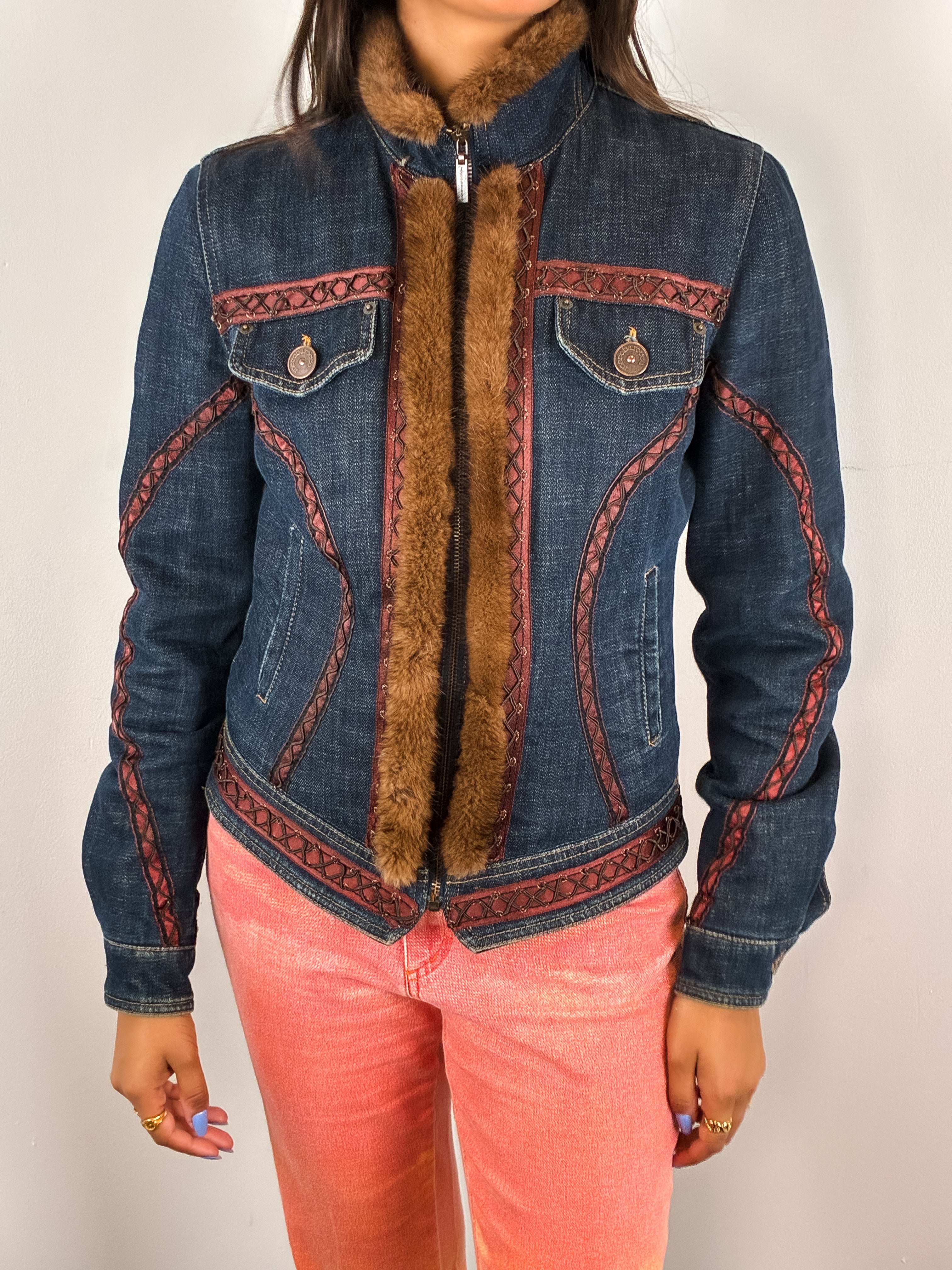 Roccobarocco 2000s Denim Fur Trim Jacket - S