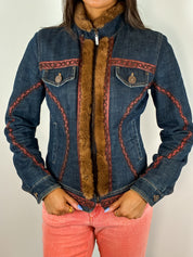 Roccobarocco 2000s Denim Fur Trim Jacket - S