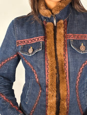 Roccobarocco 2000s Denim Fur Trim Jacket - S
