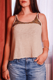 Hache Tricot 2000s Ivory Wool Tank with Gold Sequin
