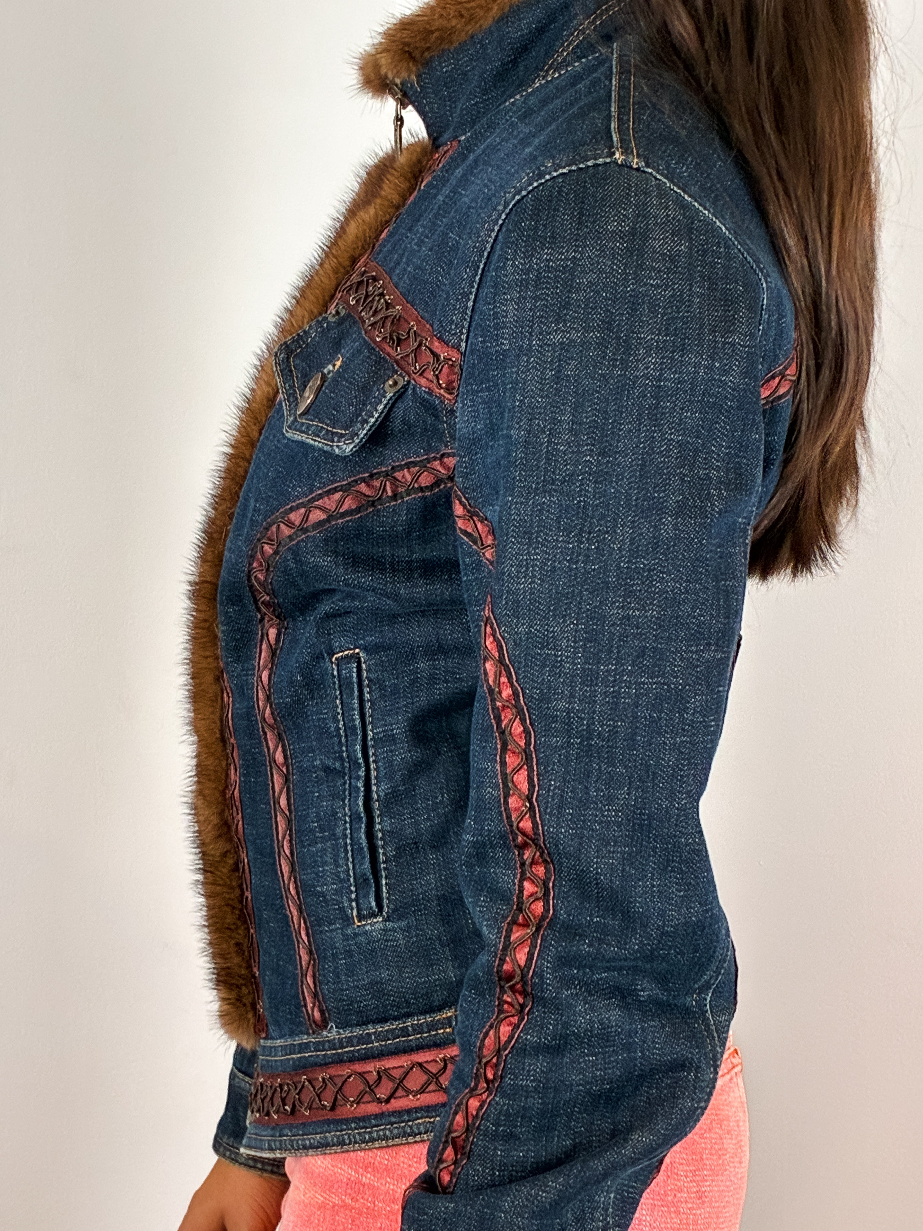 Roccobarocco 2000s Denim Fur Trim Jacket - S