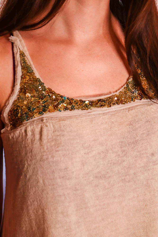 Hache Tricot 2000s Ivory Wool Tank with Gold Sequin