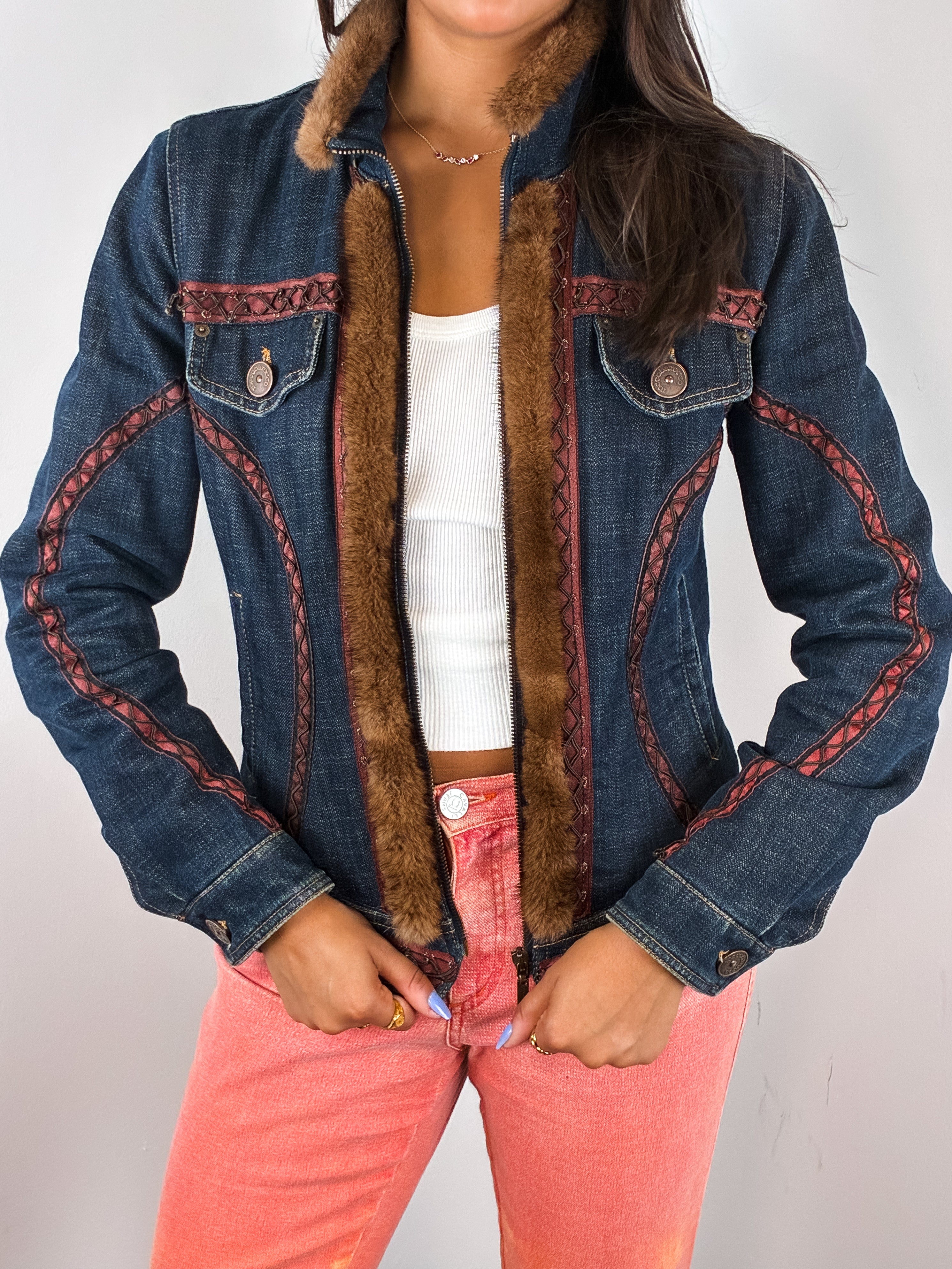 Roccobarocco 2000s Denim Fur Trim Jacket - S