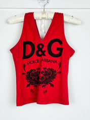 D&G Dolce & Gabbana Red Logo Lace Print Tank Top - M