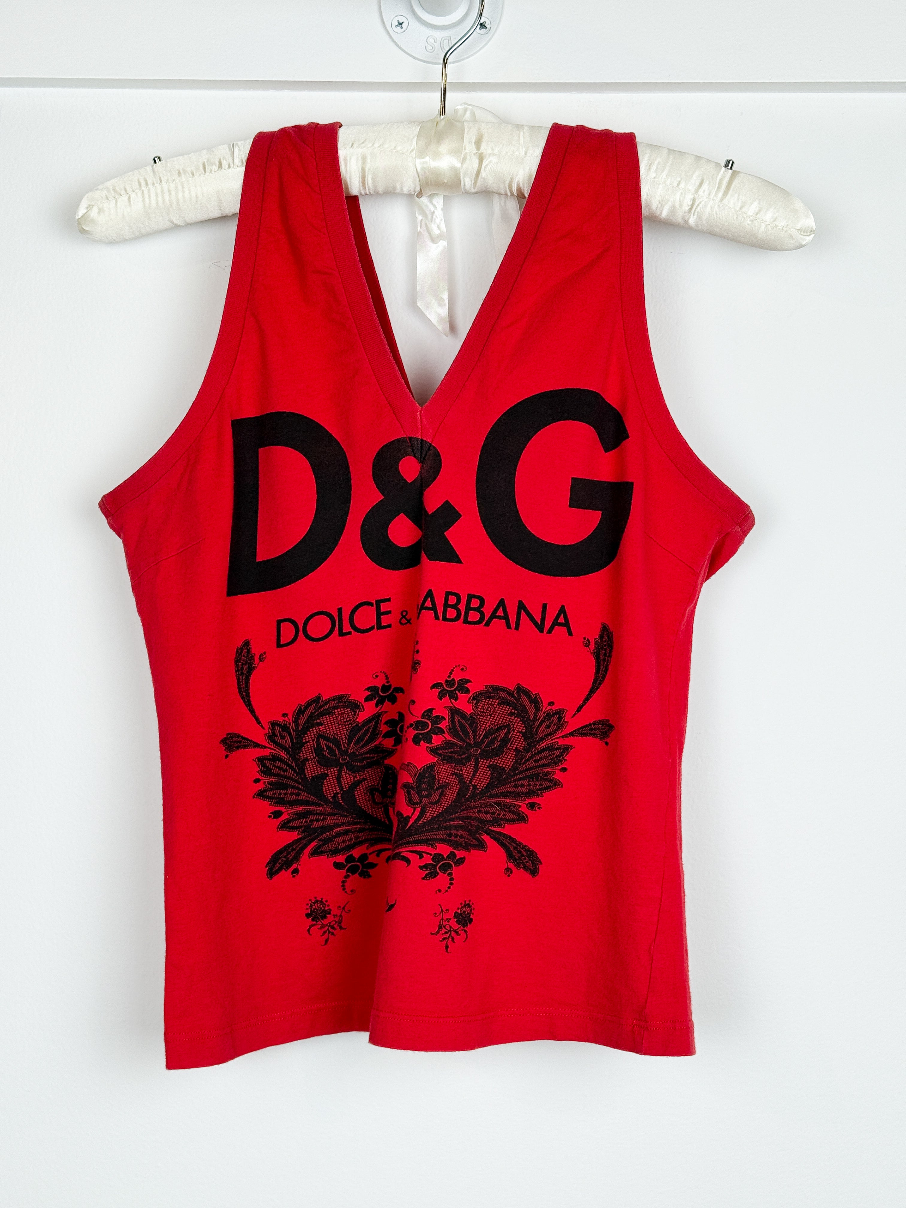 D&G Dolce & Gabbana Red Logo Lace Print Tank Top - M