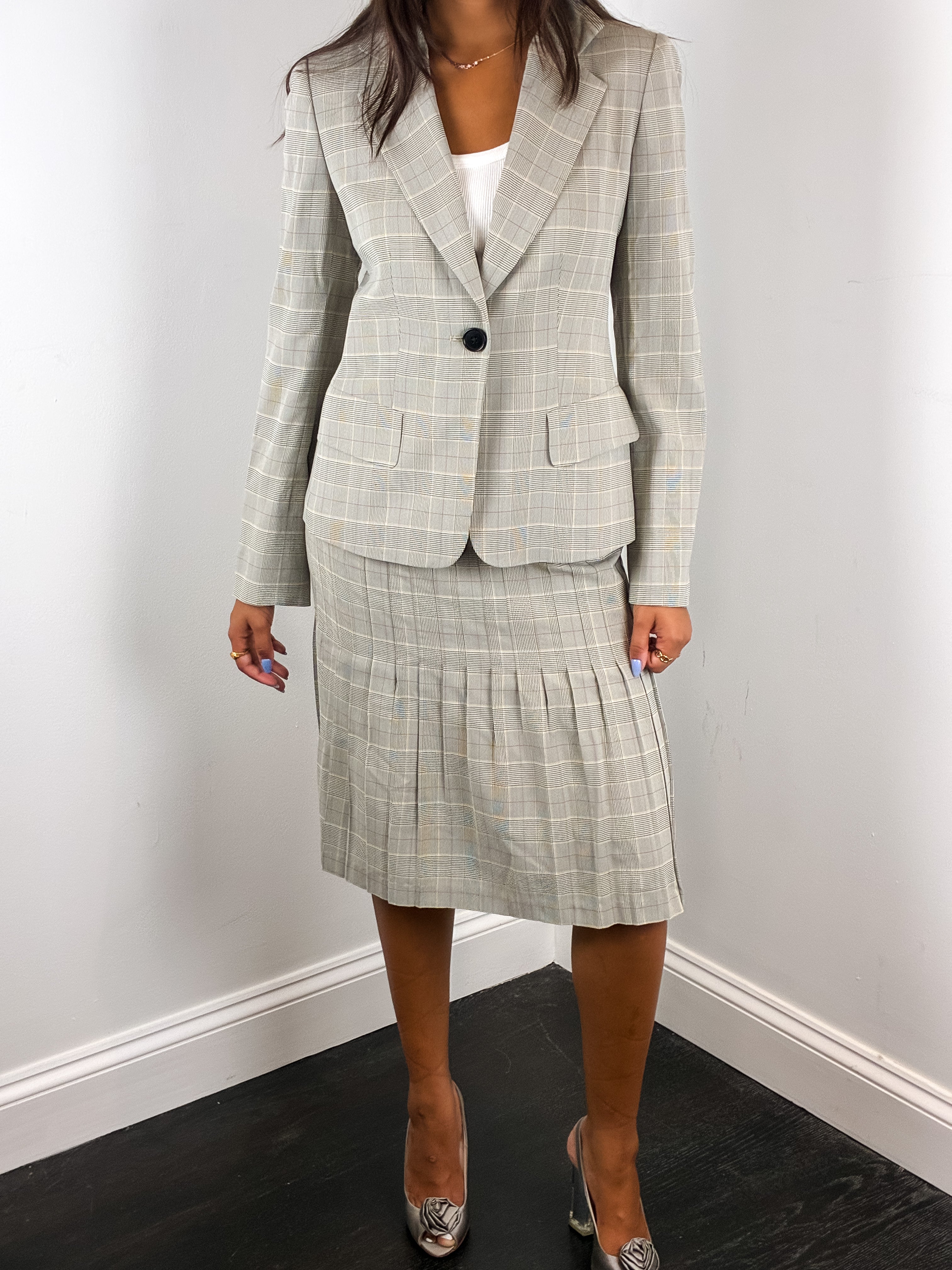 1990s Grey Plaid Blazer and Skirt Set - XS/S