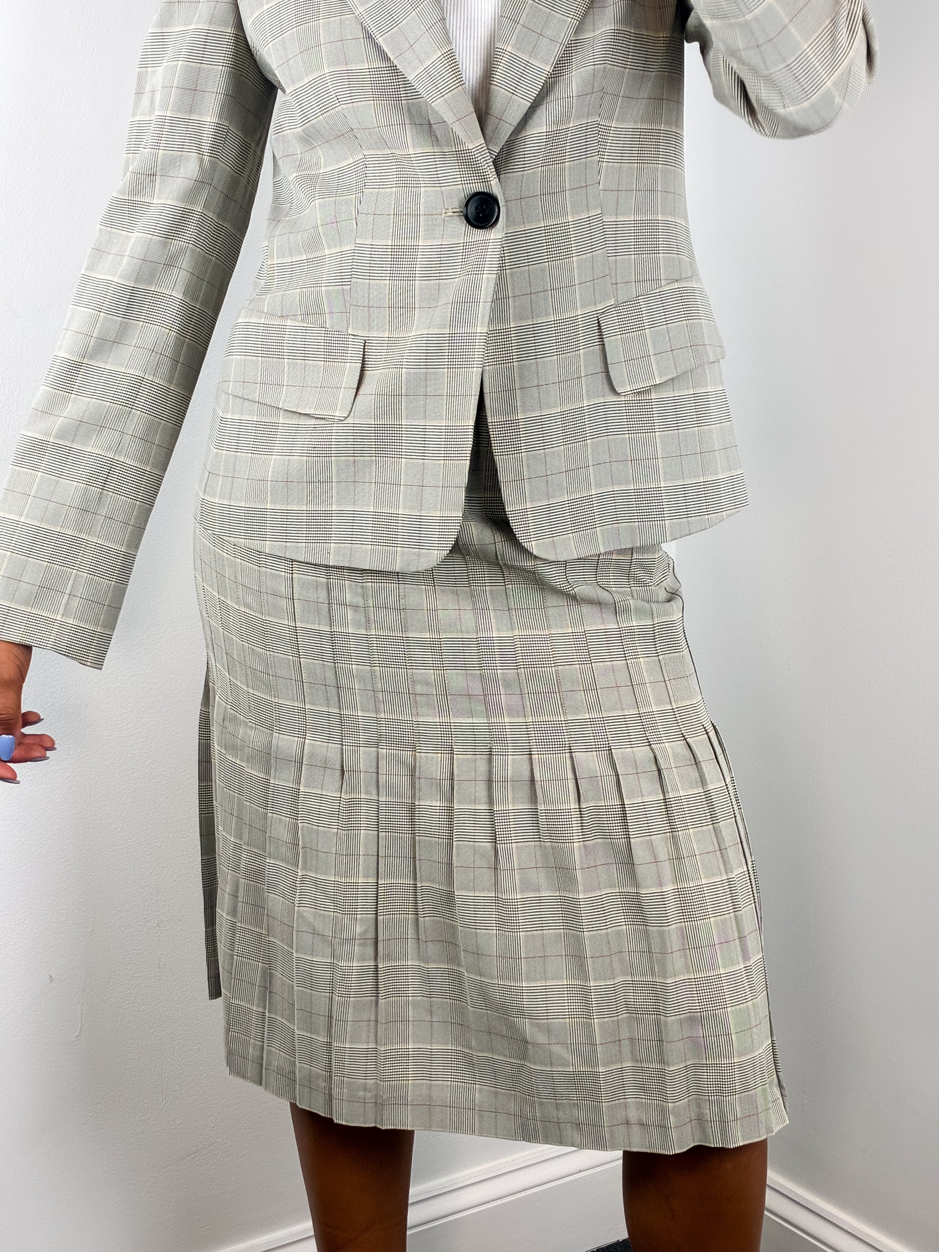 1990s Grey Plaid Blazer and Skirt Set - XS/S