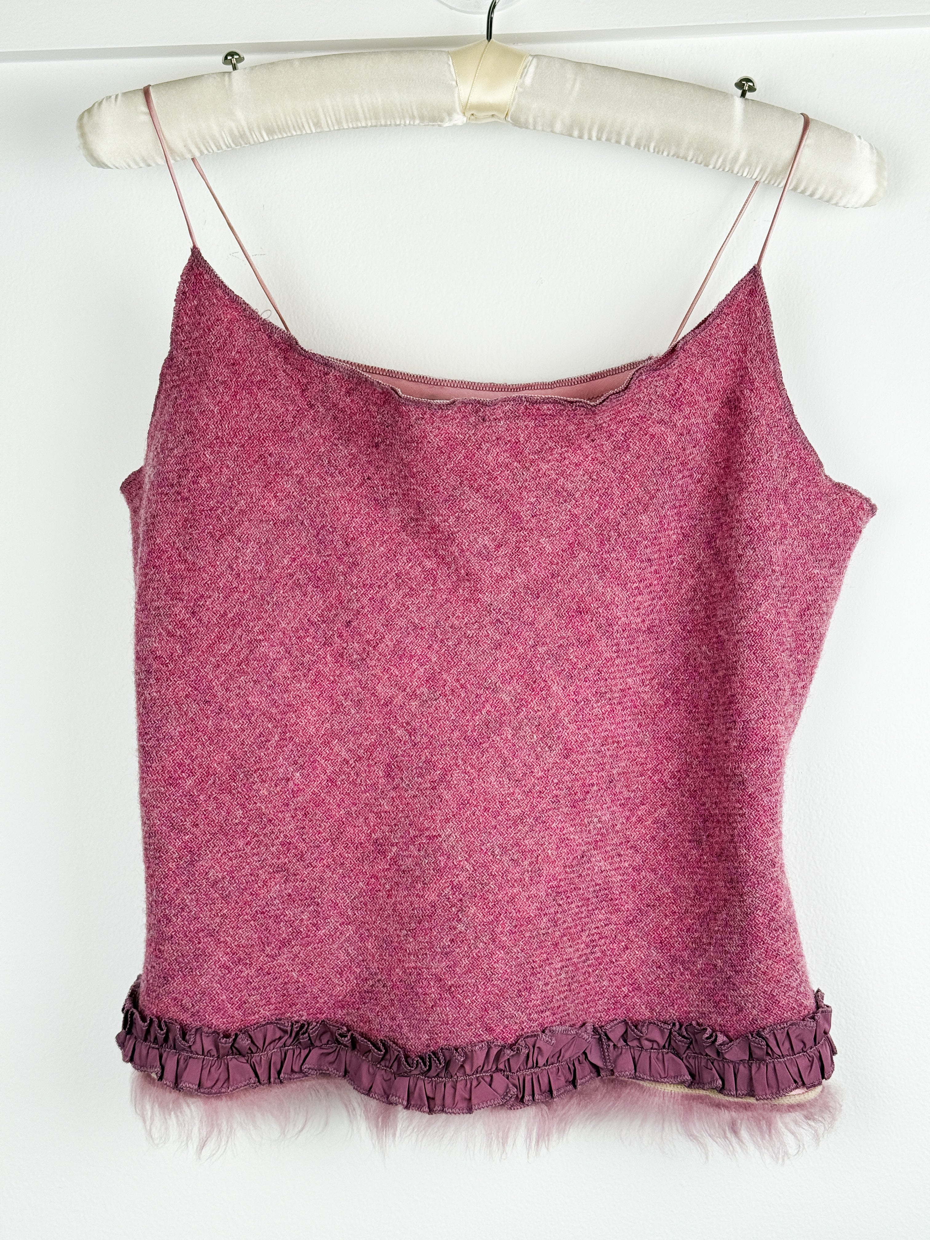 Ermanno Scervino 2000s Pink Wool Tweed Fur Trim Cami Top - M