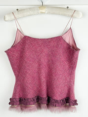Ermanno Scervino 2000s Pink Wool Tweed Fur Trim Cami Top - M