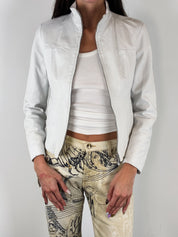 2000s White Leather Grommet Lace-Up Moto Jacket – S