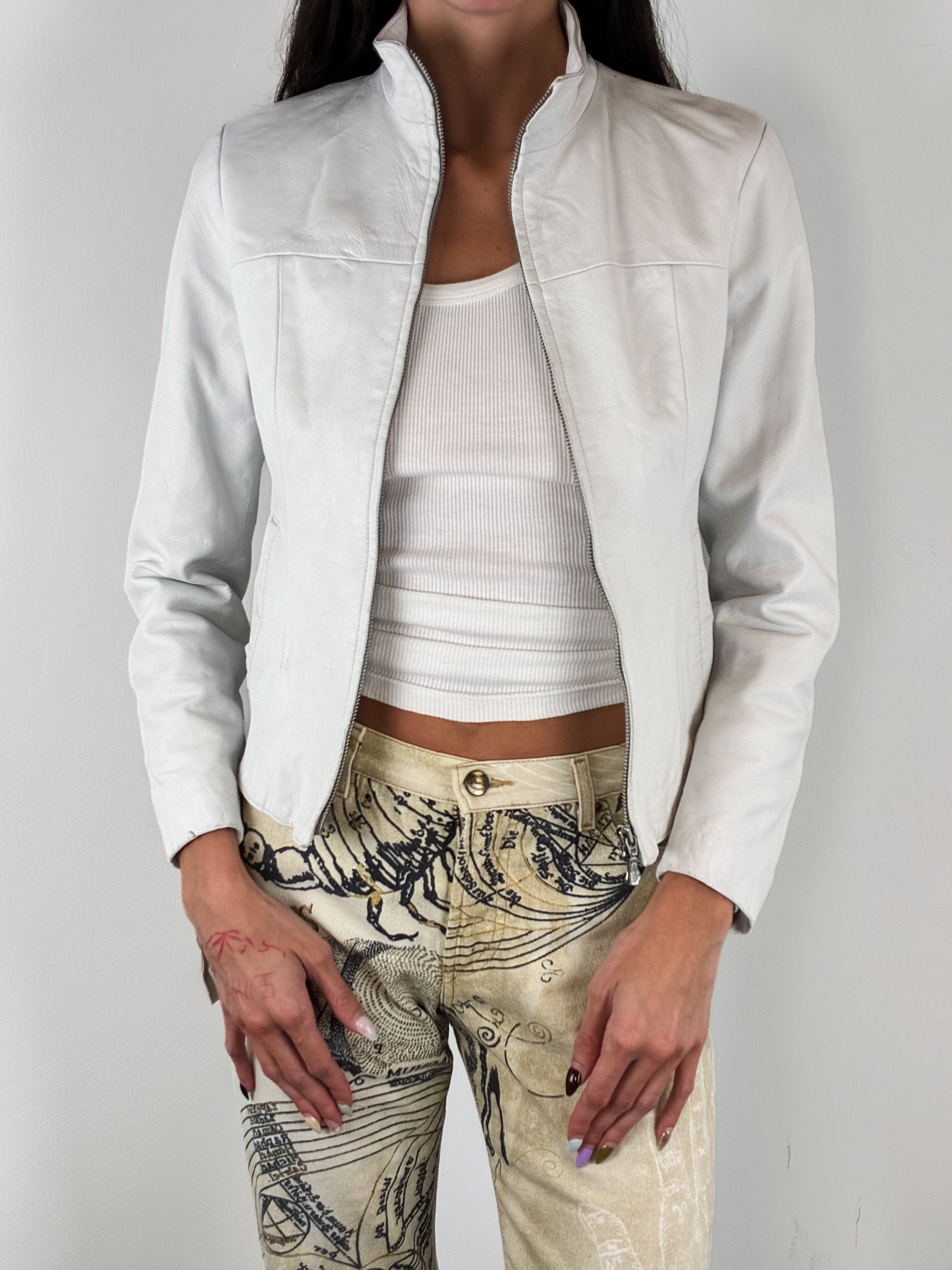 2000s White Leather Grommet Lace-Up Moto Jacket – S