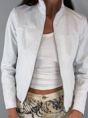2000s White Leather Grommet Lace-Up Moto Jacket – S