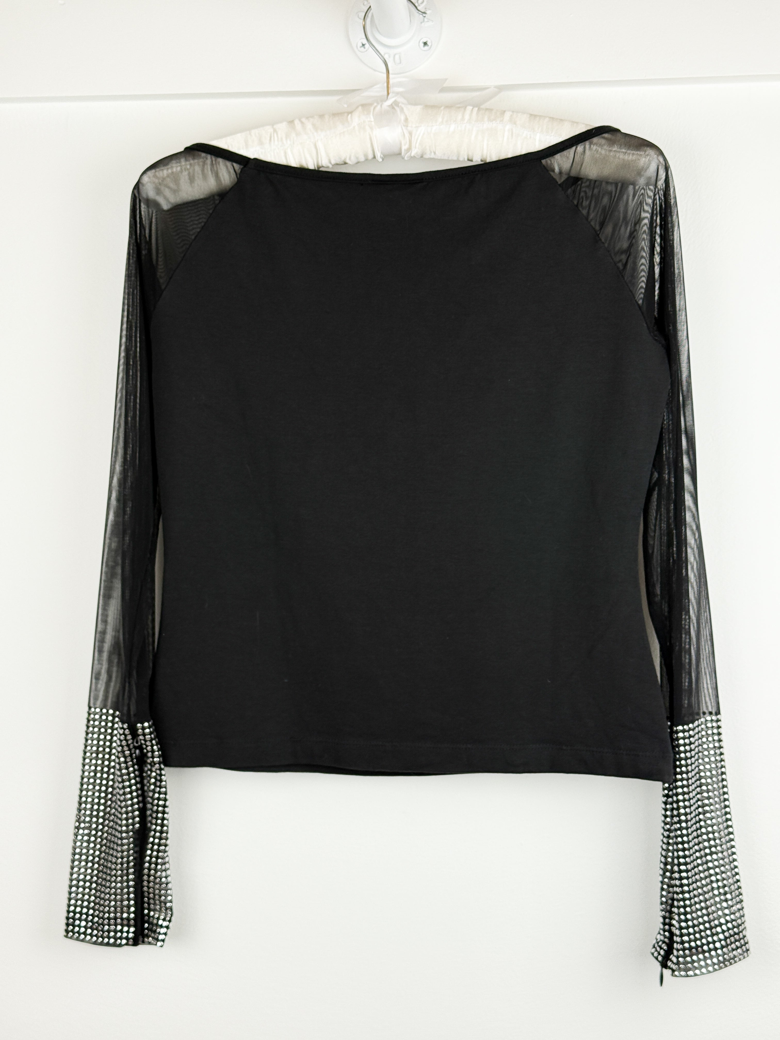 Gianfranco Ferre Jeans 2000s Black Mesh Rhinestone Cuff Top - L