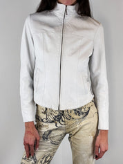 2000s White Leather Grommet Lace-Up Moto Jacket – S