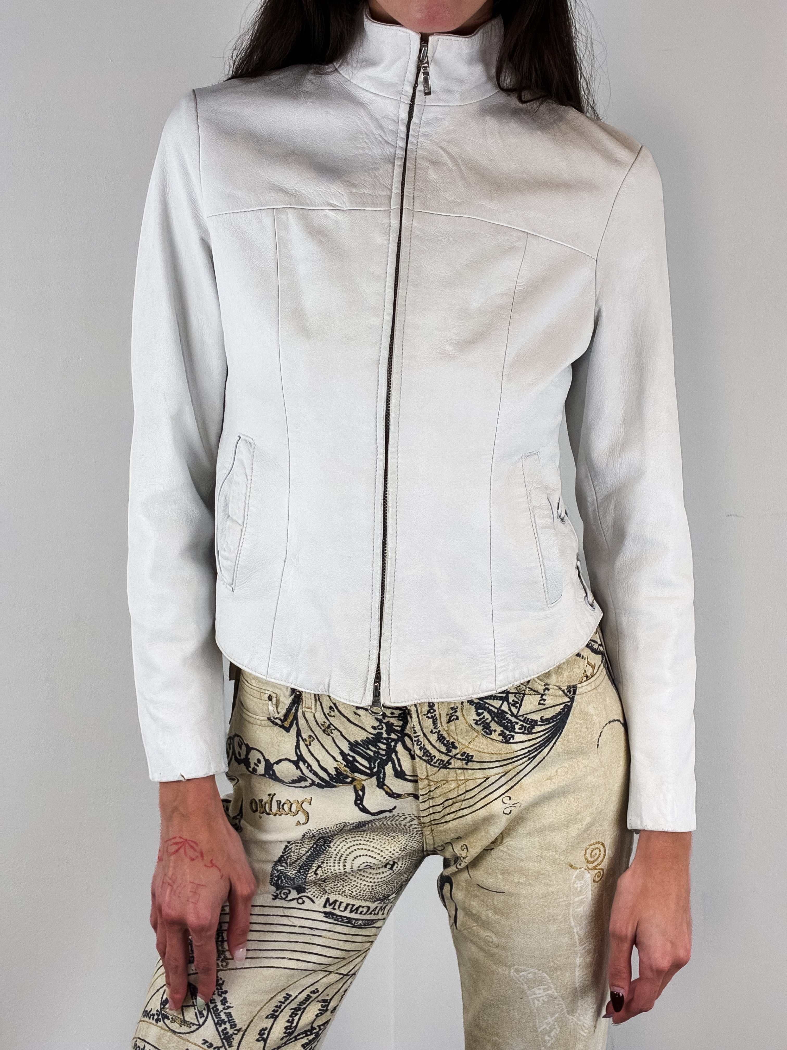 2000s White Leather Grommet Lace-Up Moto Jacket – S