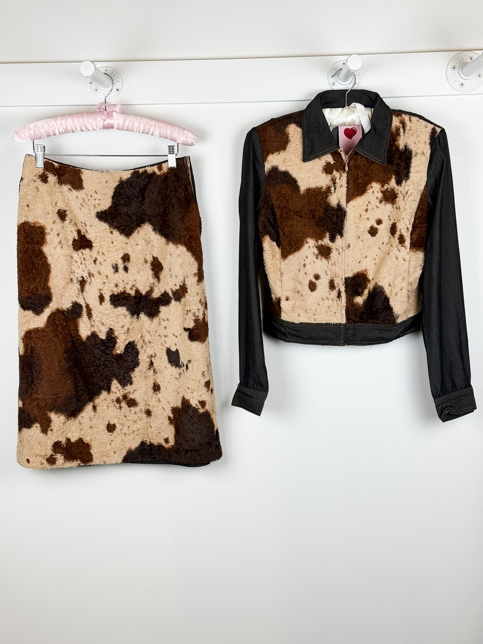 Kookai 2000s Cow Print Faux Fur Denim Two-Piece Set - 38/M