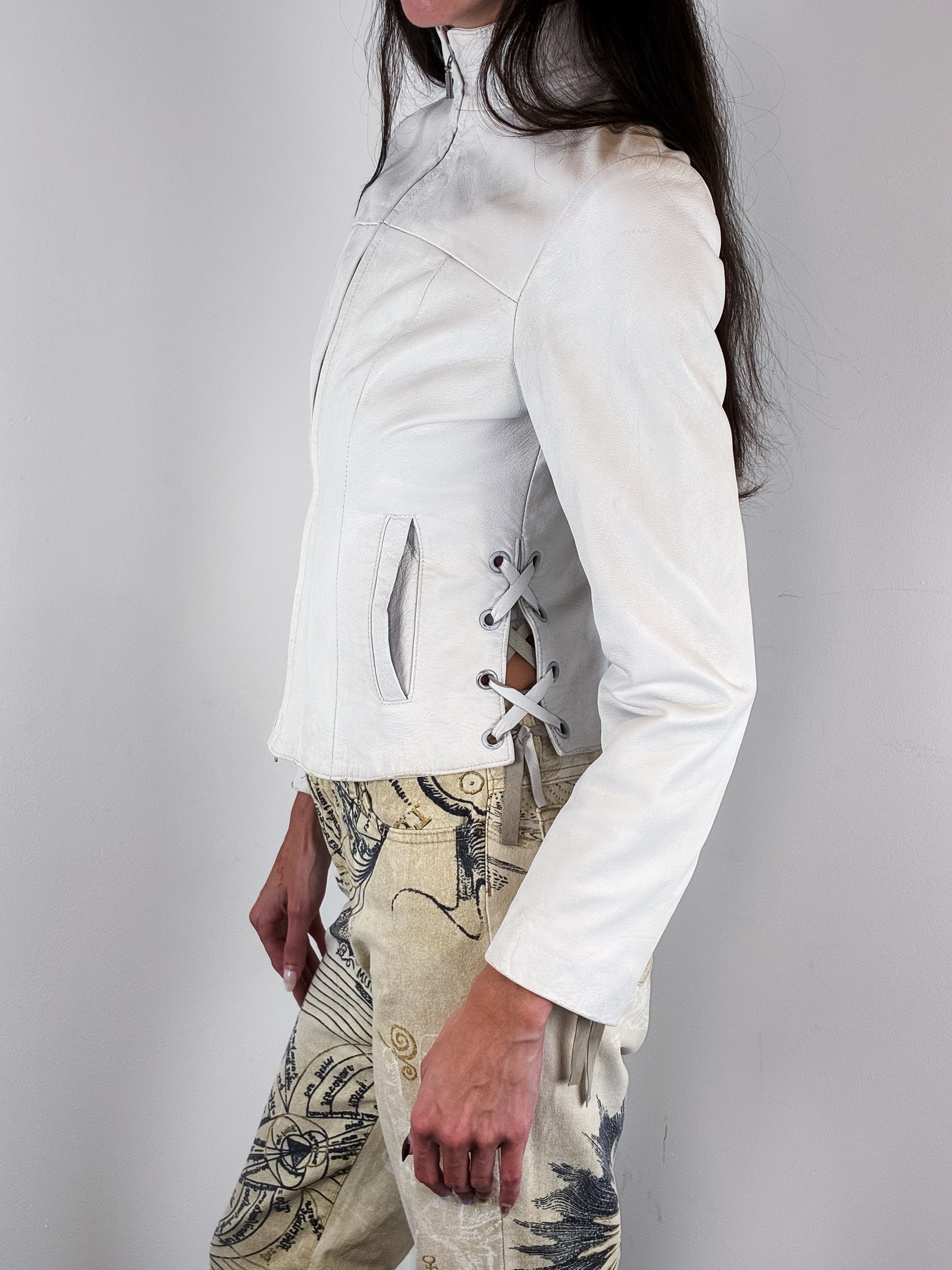 2000s White Leather Grommet Lace-Up Moto Jacket – S