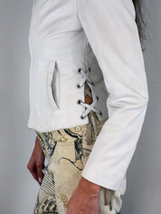 2000s White Leather Grommet Lace-Up Moto Jacket – S
