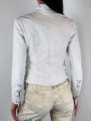 2000s White Leather Grommet Lace-Up Moto Jacket – S