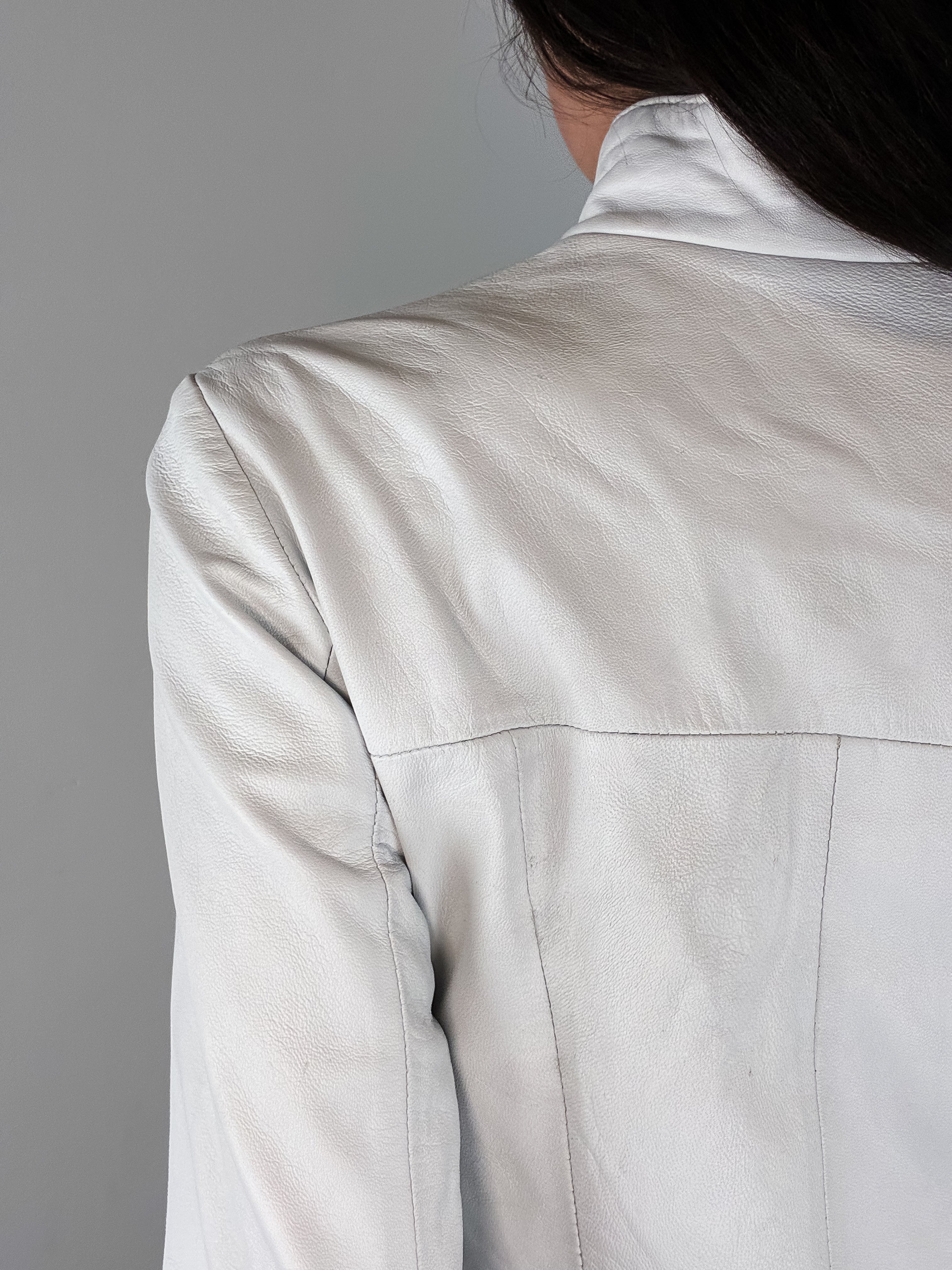 2000s White Leather Grommet Lace-Up Moto Jacket – S