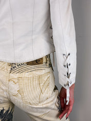 2000s White Leather Grommet Lace-Up Moto Jacket – S