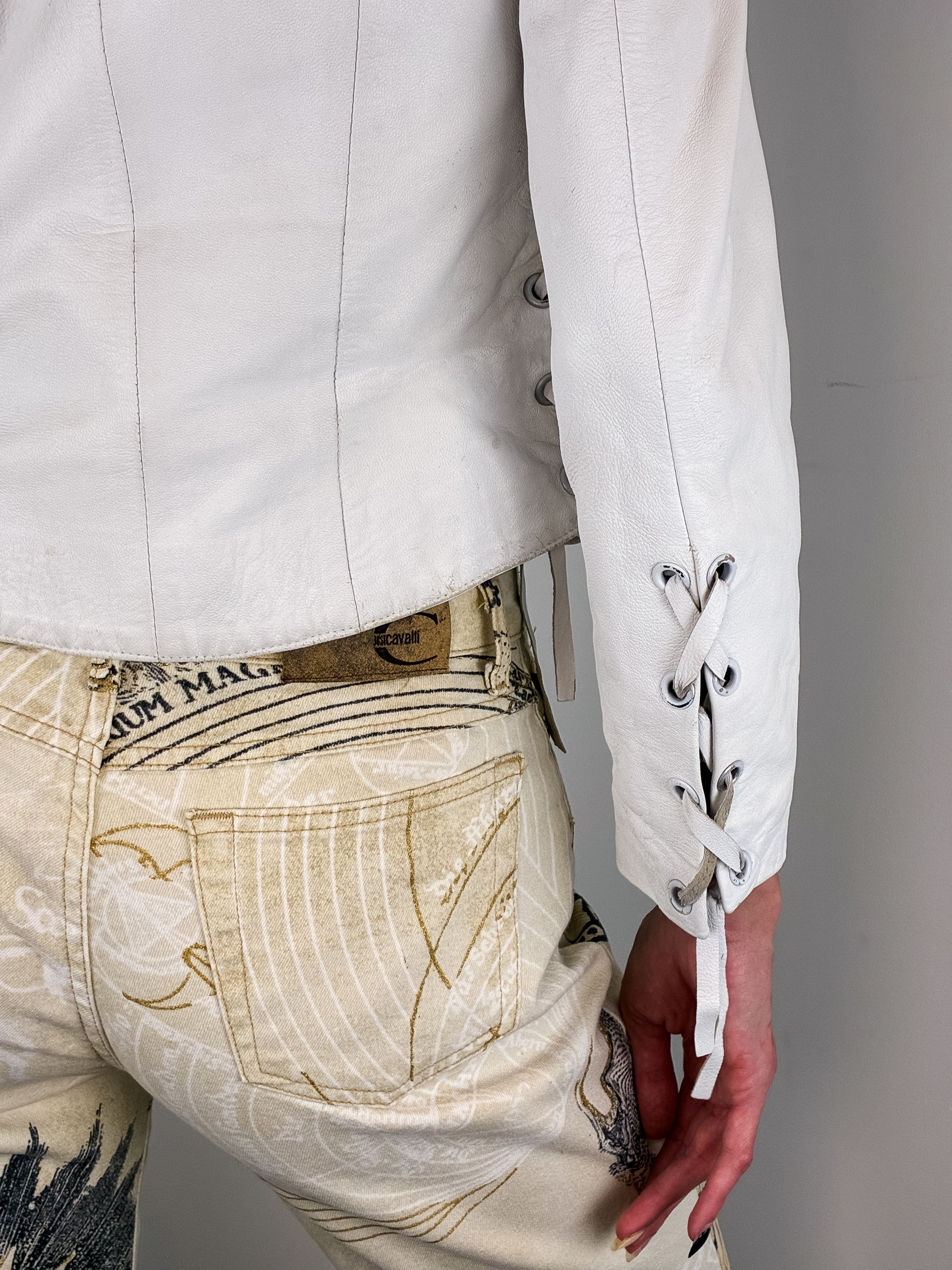 2000s White Leather Grommet Lace-Up Moto Jacket – S