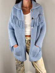 Ermanno Scervino Light Blue Fringe Trim Chunky Knit Coat - S/M