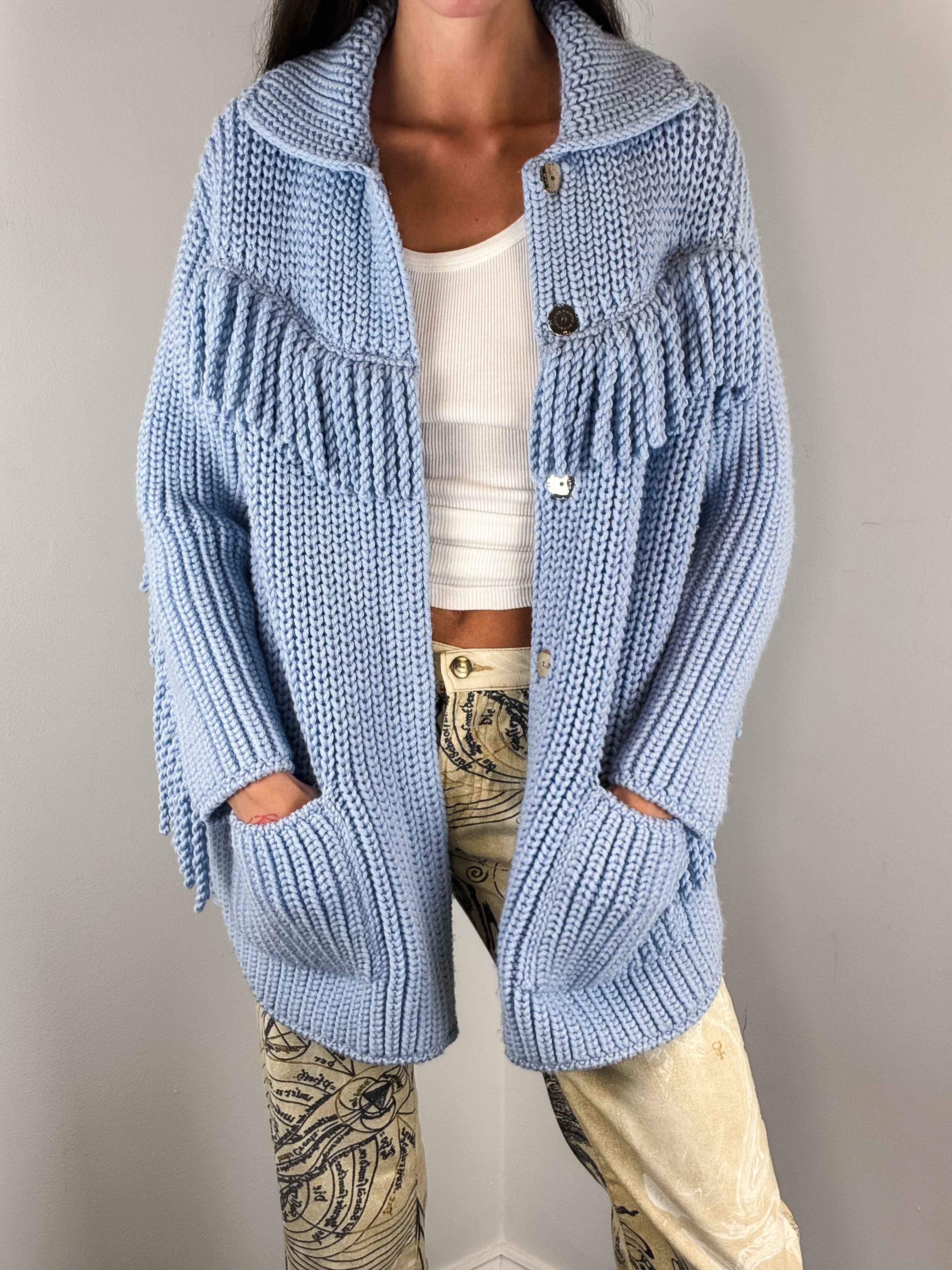 Ermanno Scervino Light Blue Fringe Trim Chunky Knit Coat - S/M