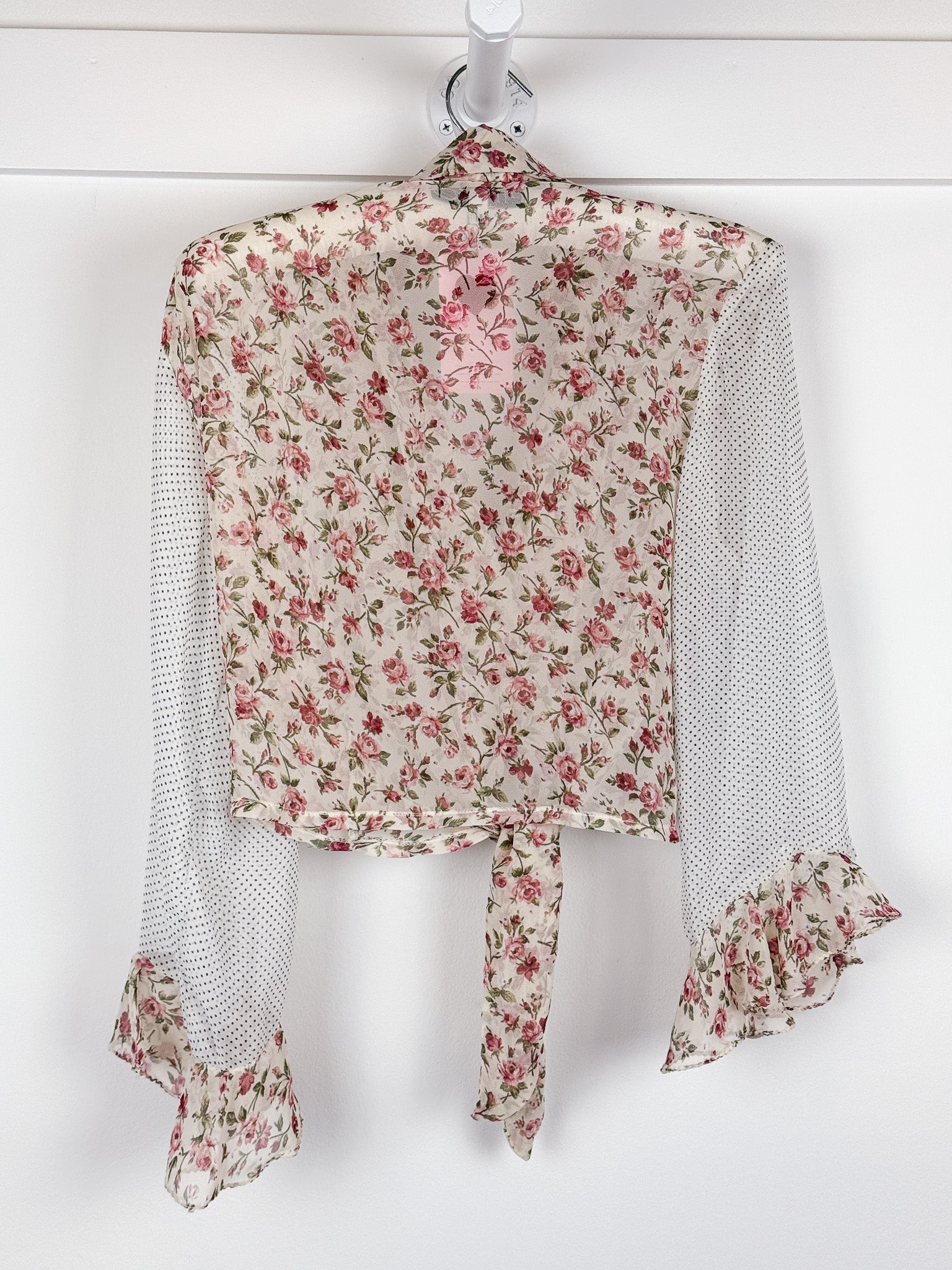 Pinko 2000s Cream Rose Floral Mixed Print Tie Front Ruffle Cuff Blouse - S